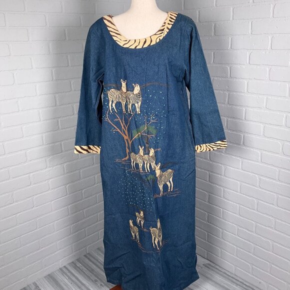 Molato Dress Women Medium Blue Africa Safari Zebra Modest Art‎ Denim Teacher VTG - Picture 1 of 14